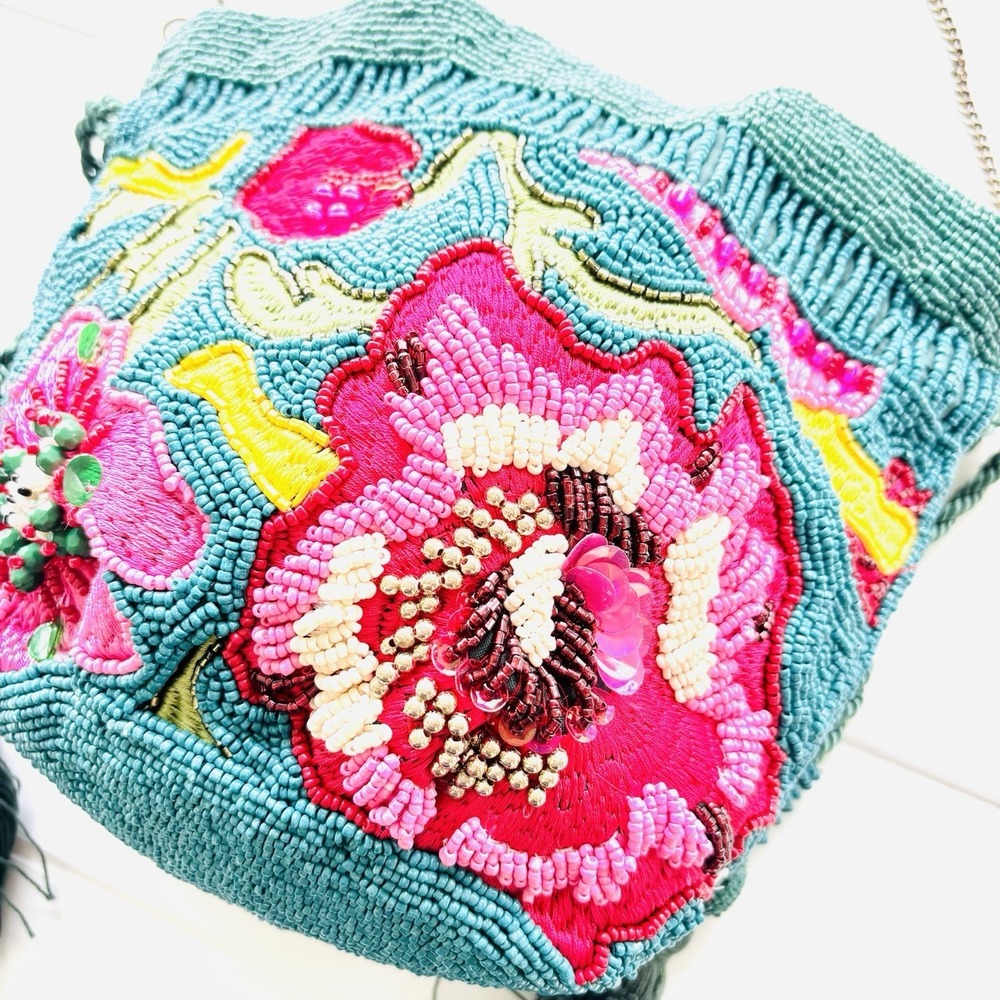 TikTok Viral India Beaded Bucket Bag Floral Embroidered Tassels Teal Crossbody - Picture 10 of 11